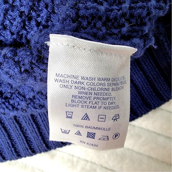 Lands' End Navy Cable Knit Sweater M Preppy V-Neck Striped Trim Drifter‎ 10-12 - Picture 8 of 9